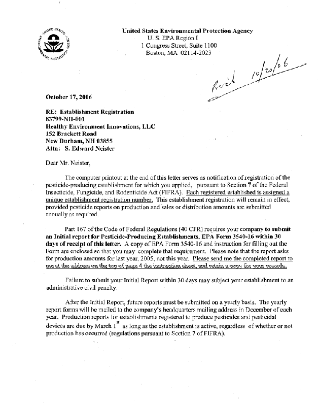 EPA Establishment Registration page 1