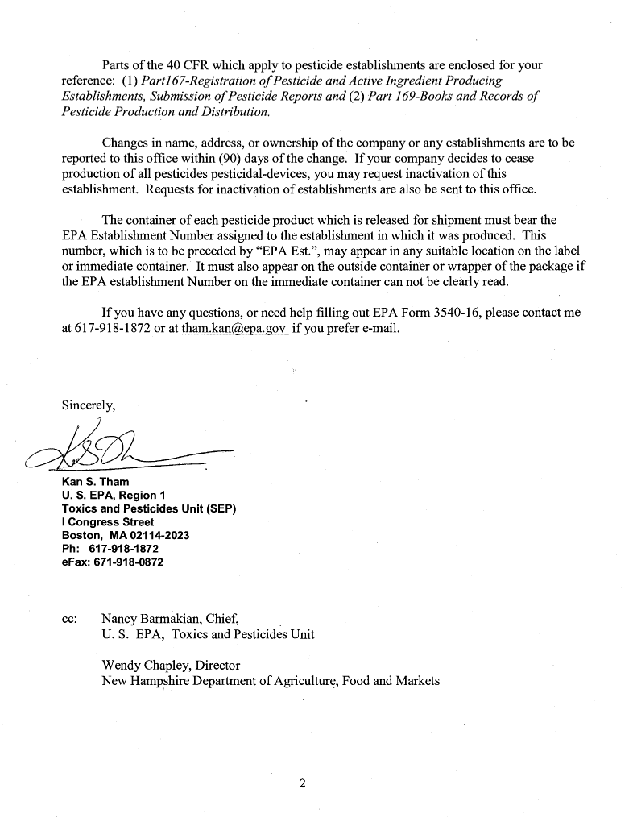 EPA Establishment Registration page 2